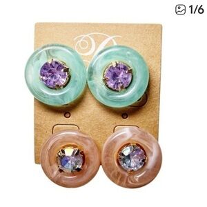 Rose Quartz Resin Button Earrings with Clear Crystal Center. Mint Green Bundle